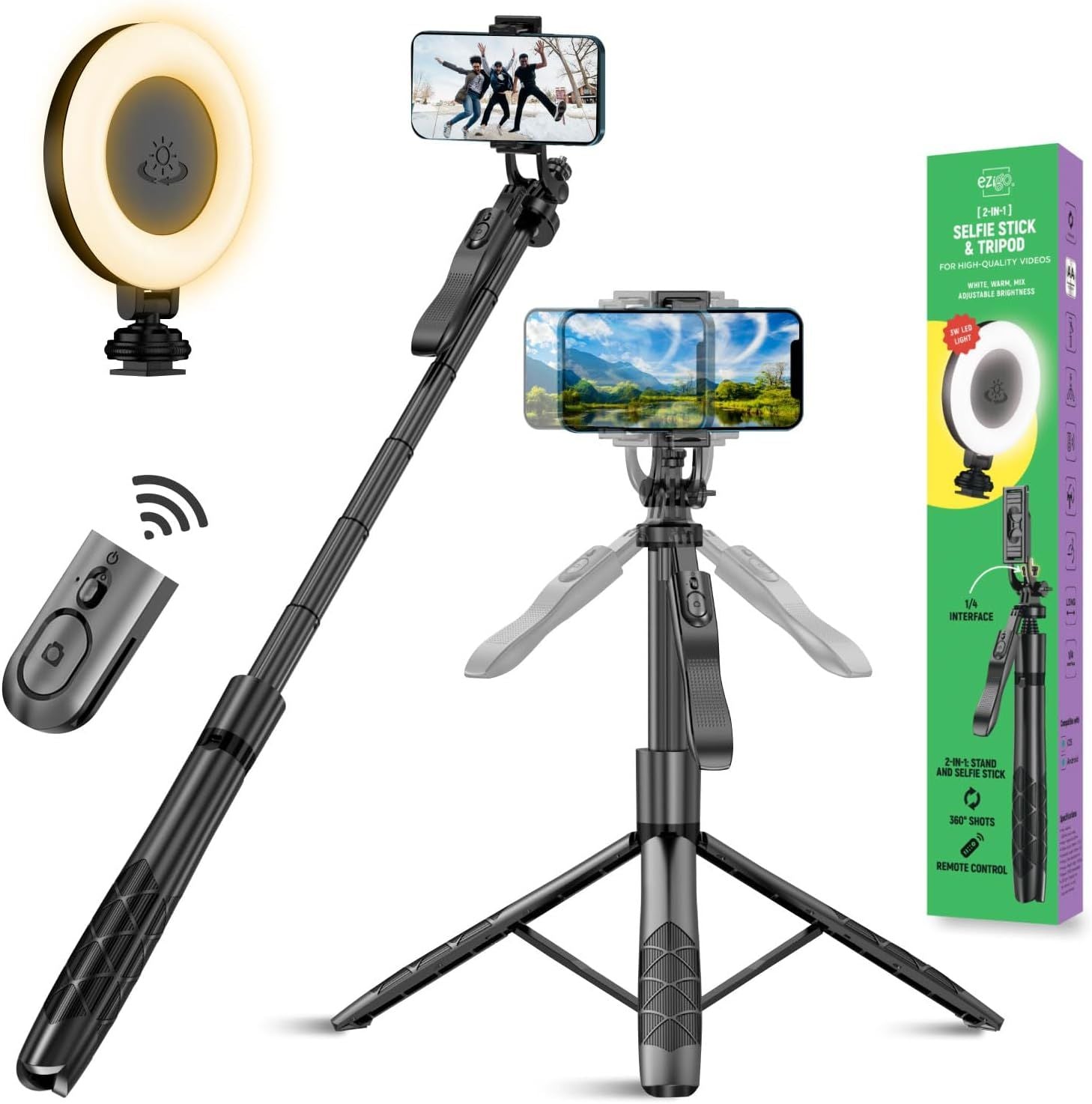 Phone Tripod 62" Selfie Stick for iPhone with Remote and 3W LED Light, Universal Mount, Phone Stand for Recording & Streaming, Tripod for iPhone & Android Phone & Gopro - JM Variety Store